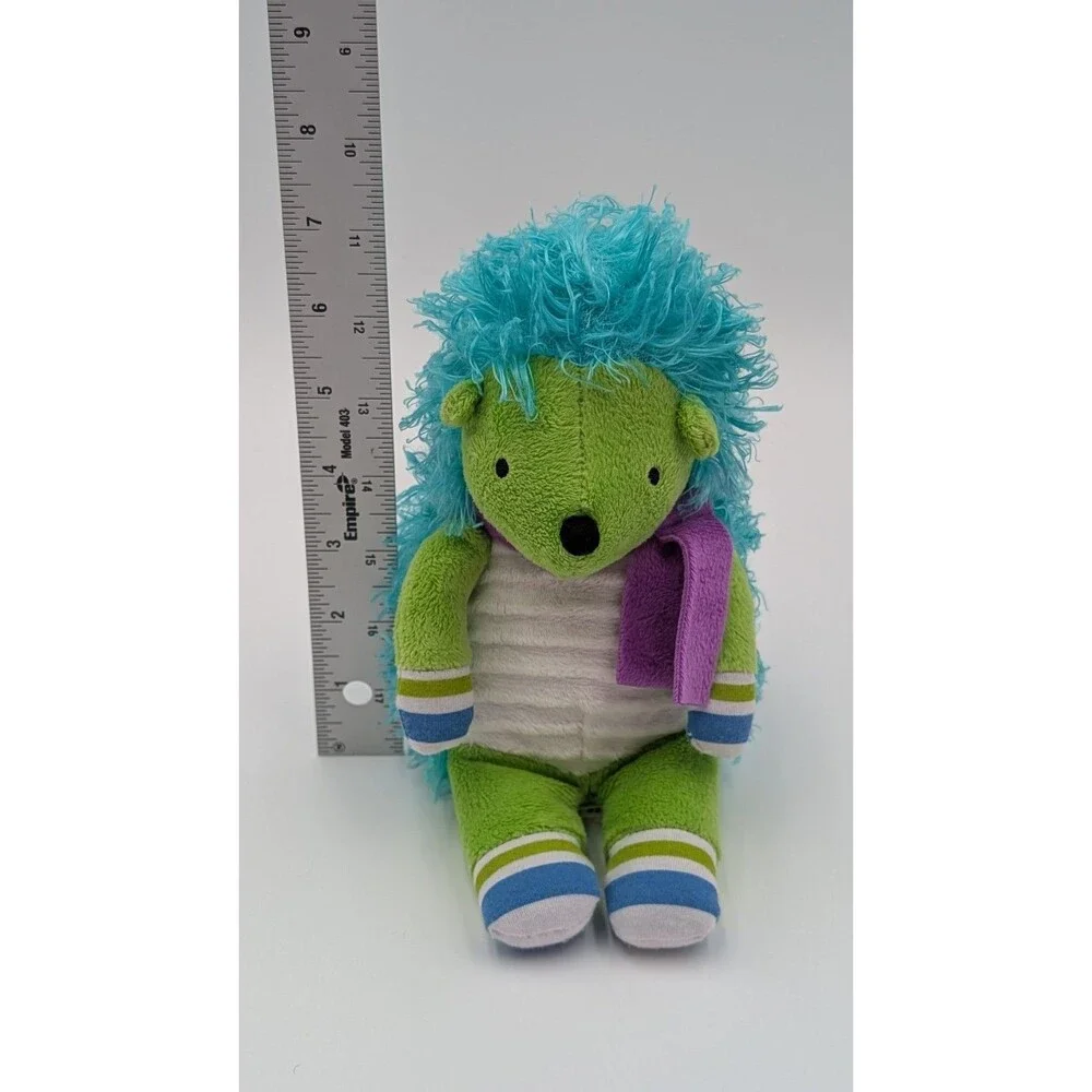 Monkeez Green Cecil Hedgehog Plush Purple Scarf  Shaggy Porcupine Stuffed Animal